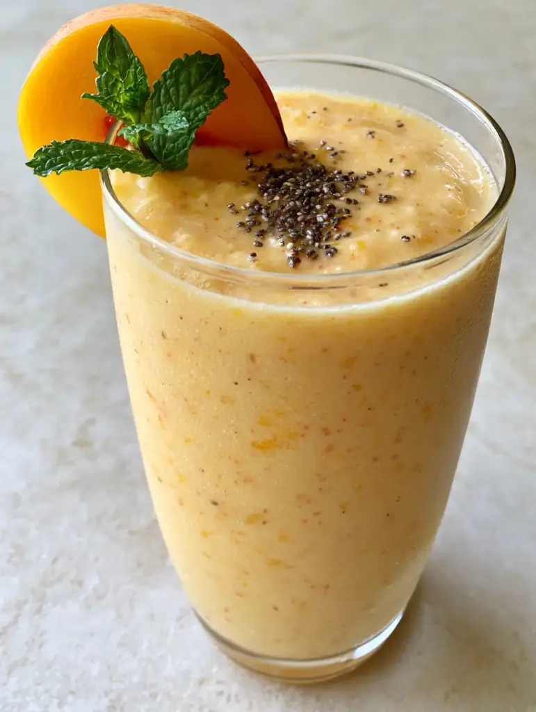 A Frozen Peach Smoothie on a light stone surface with natural daylight highlighting the chia seed garnish.
