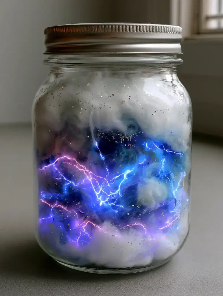 An unedited handheld smartphone photo of Electrified Thunder Glow Jars capped with standard silver metal screw-top lids.