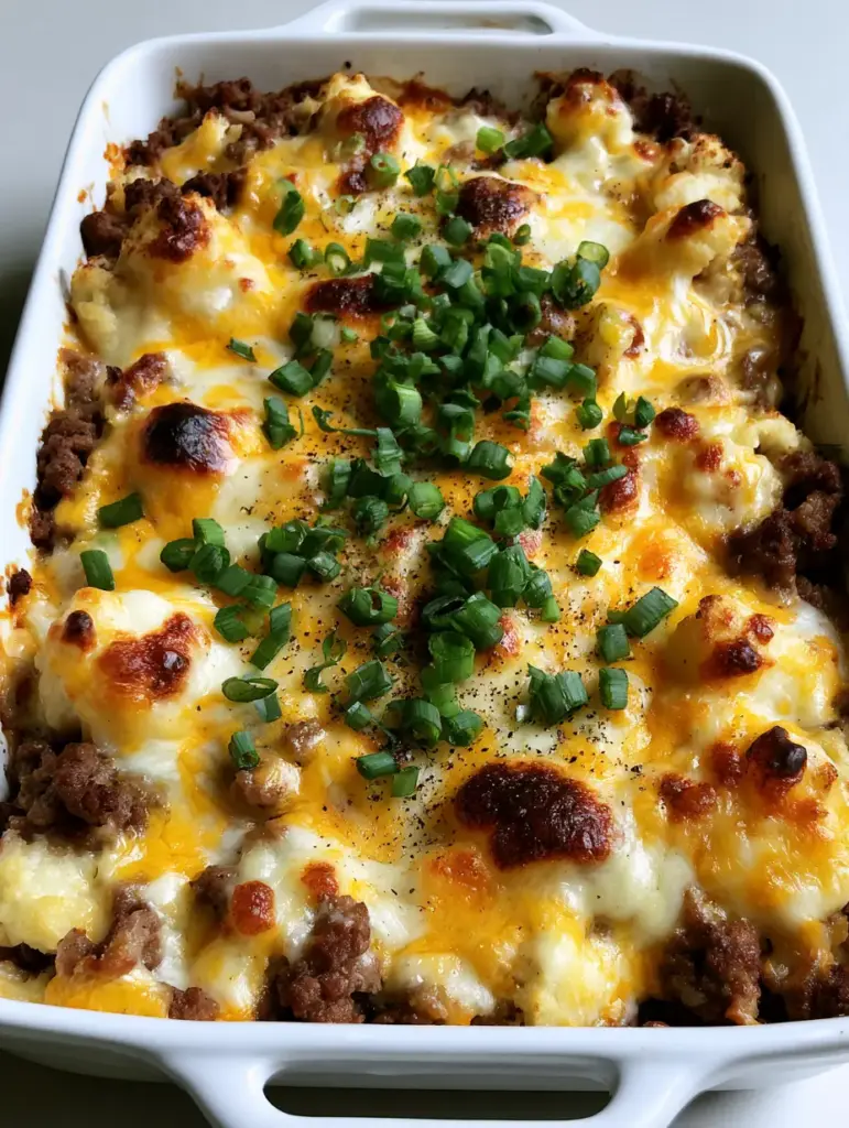 Overhead view of Keto Cauliflower Hamburger Casserole garnished with fresh green onions and cracked black pepper.