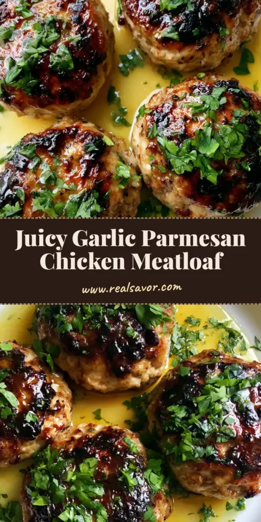 A top-down Pinterest pin of Garlic Parmesan Chicken Meatloaf patties with a glossy dark glaze and golden gravy on a white plate.