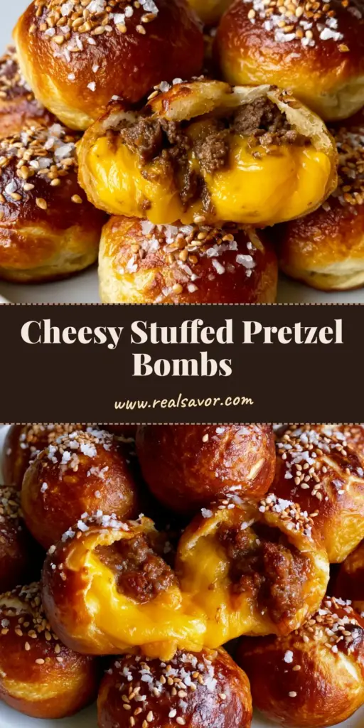 A towering pile of glossy, golden-brown Cheeseburger Pretzel Bombs topped with crunchy coarse sea salt and sesame seeds on a clean white plate.