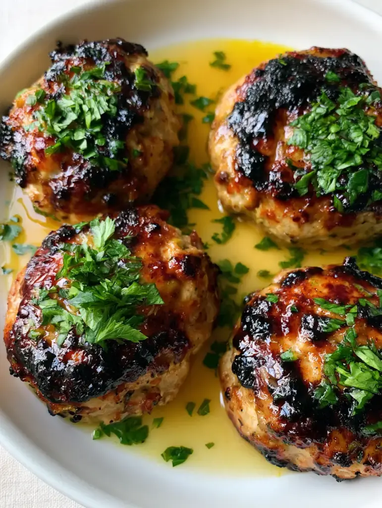 Garlic Parmesan Chicken Meatloaf patties sitting in a shallow pool of golden-yellow translucent gravy.