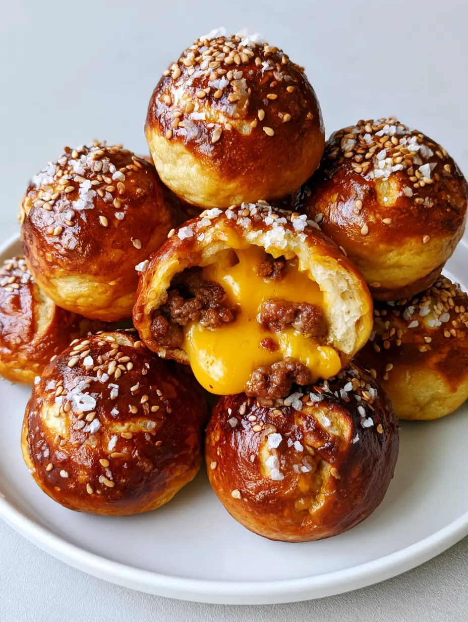A close-up handheld shot of golden-brown, glossy pretzel dough spheres piled on a plain white ceramic plate with one broken open to show steaming beef and melted yellow cheese.