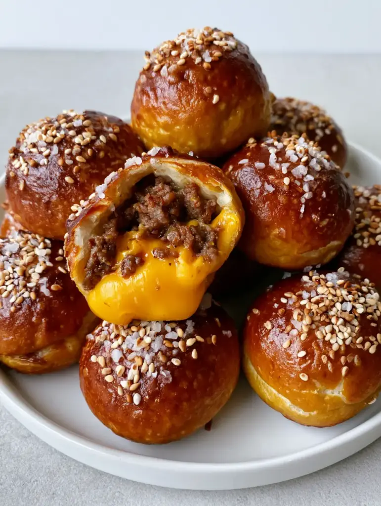 Perfectly baked soft pretzel dough spheres featuring a deep mahogany lye-roll finish, sprinkled with coarse white sea salt and toasted white sesame seeds.