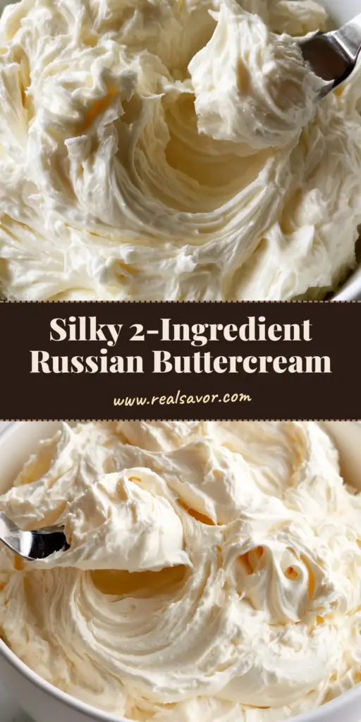 A close-up of a white bowl filled with glossy Russian Buttercream Frosting featuring soft peaks and an ivory finish.