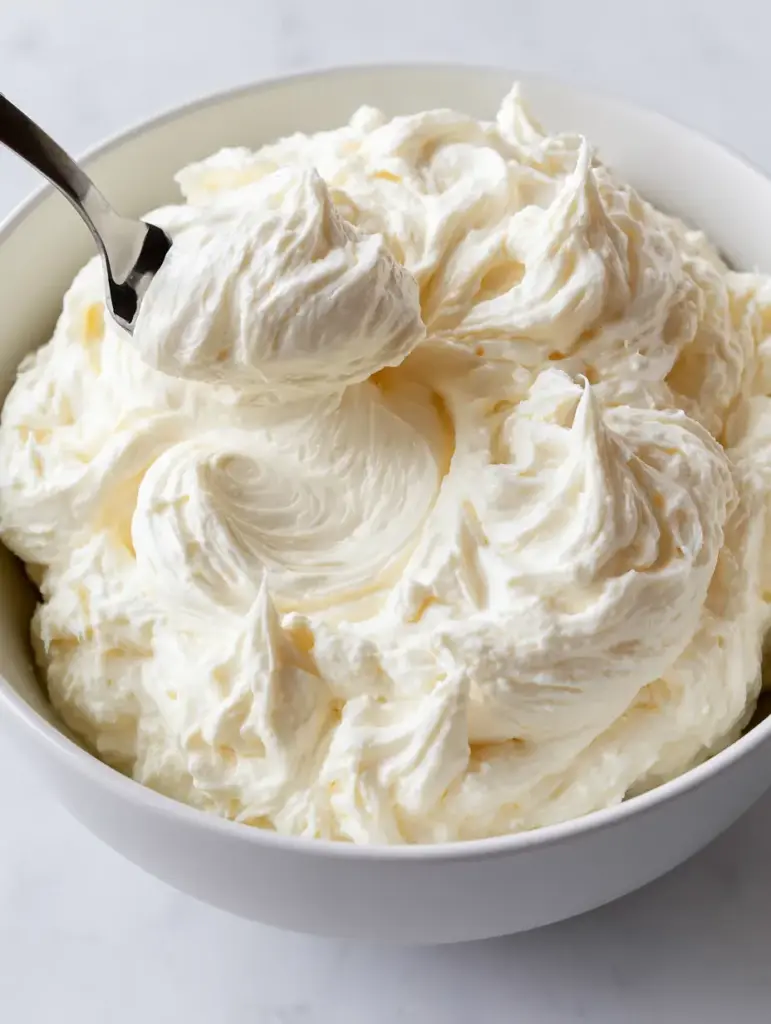 Slightly high-angle shot of a white bowl with thick, pale ivory Russian Buttercream Frosting and an offset spatula.
