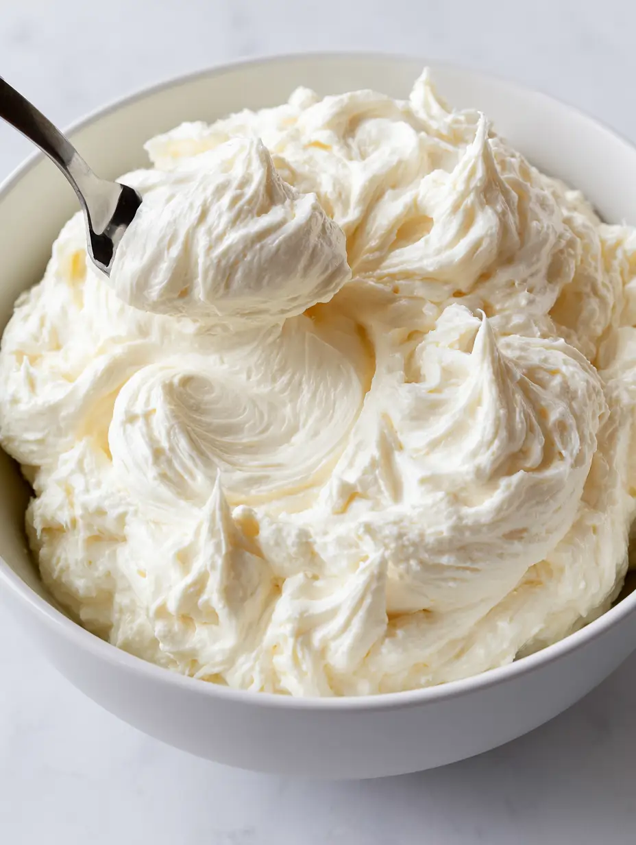 Slightly high-angle shot of a white bowl with thick, pale ivory Russian Buttercream Frosting and an offset spatula.