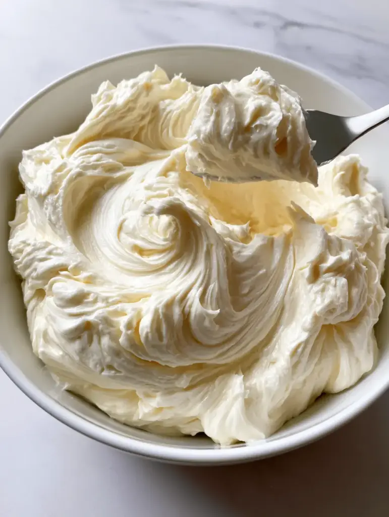 Close-up of velvety smooth Russian Buttercream Frosting without air bubbles in a white ceramic bowl.