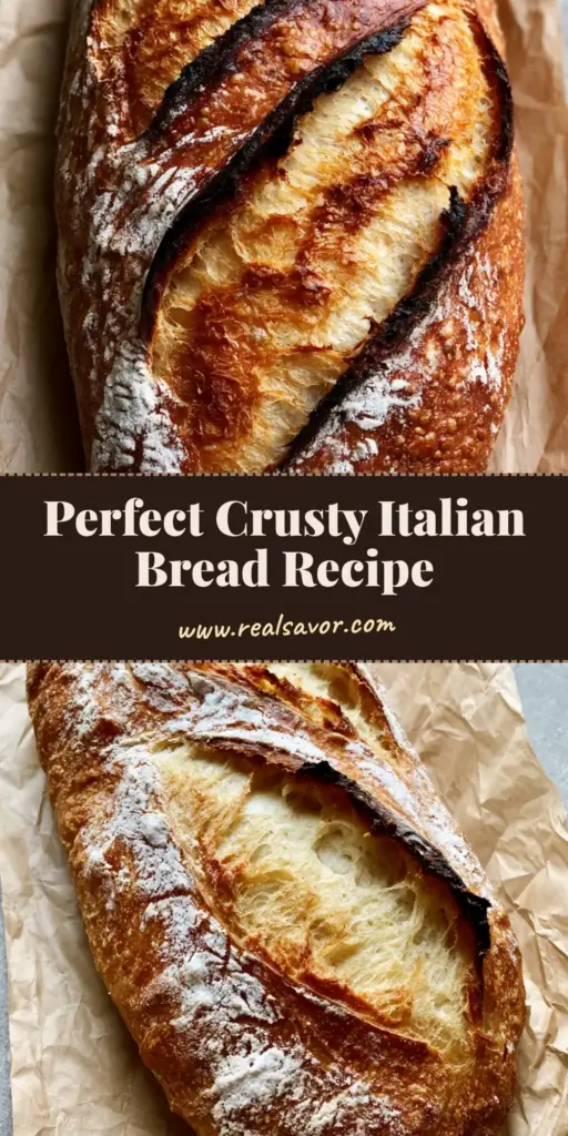 A professional oblong loaf of Crusty Italian Bread with three deep diagonal scores and charred peaks on parchment paper.