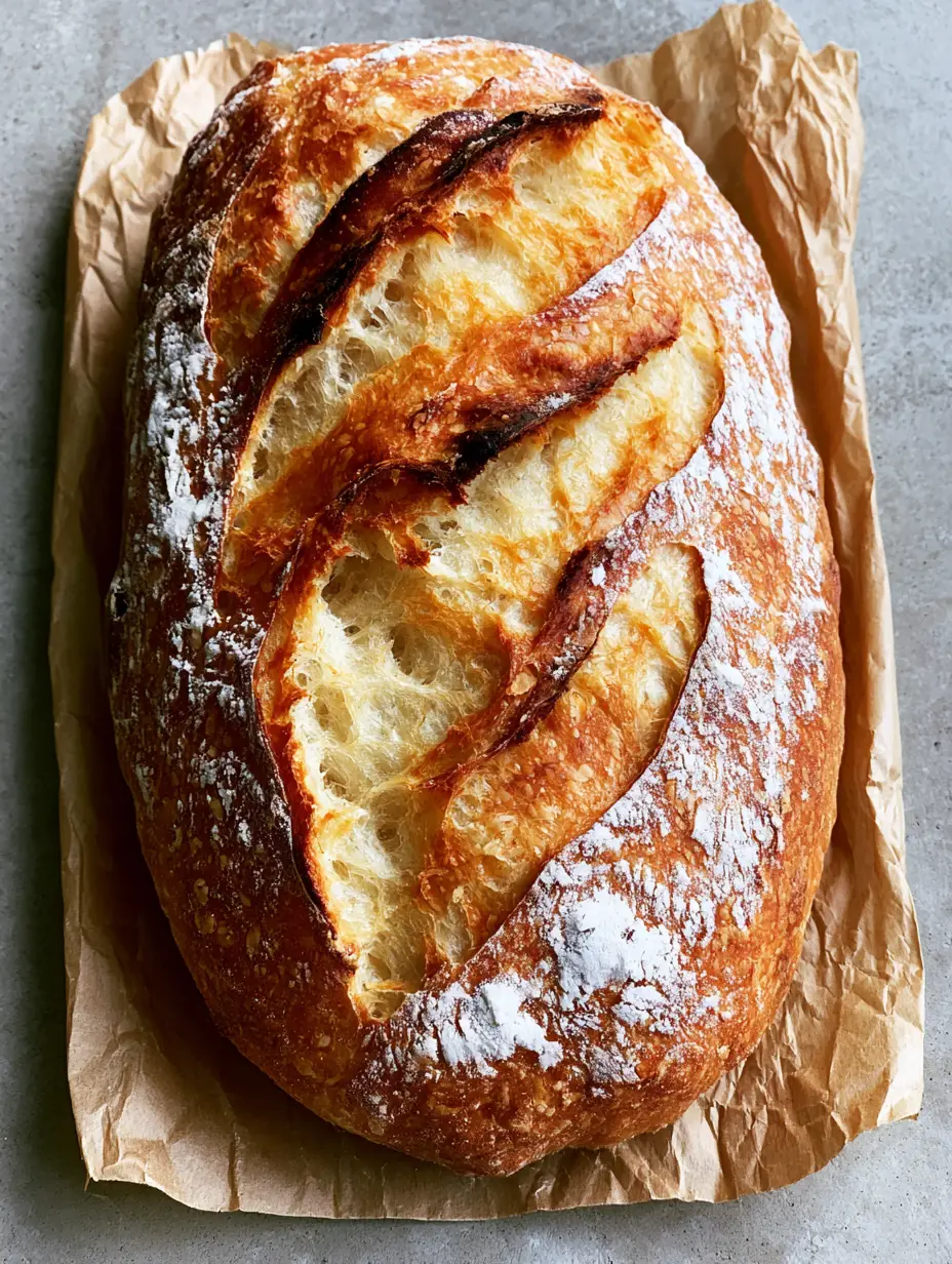 Close up of an oblong Crusty Italian Bread loaf showing textured golden-brown crust and flour dusting.