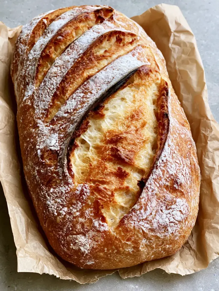 Top view of Crusty Italian Bread on parchment paper showing deep scores and airy crumb interior.