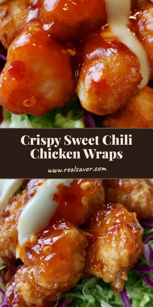 A handheld Sweet Chili Chicken Wrap showing golden-brown crispy chicken with glossy red sauce and purple cabbage.