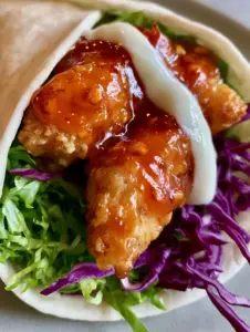 A close-up of Sweet Chili Chicken Wraps with visible chili seeds in the sauce and creamy white drizzle.