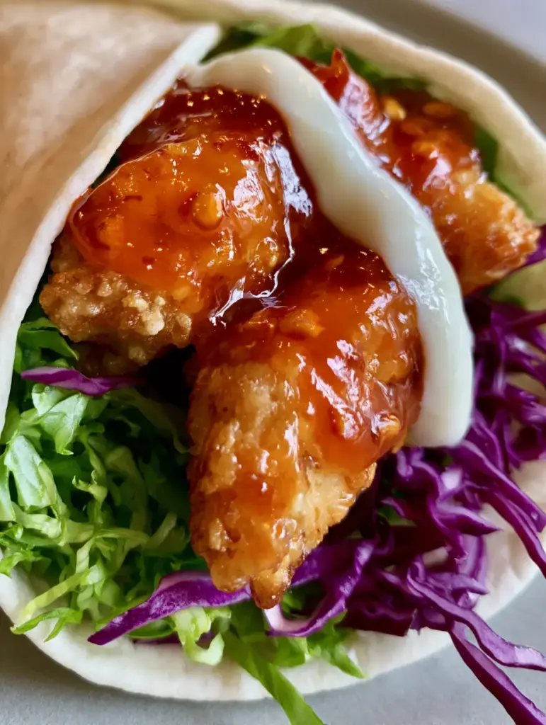 A close-up of Sweet Chili Chicken Wraps with visible chili seeds in the sauce and creamy white drizzle.