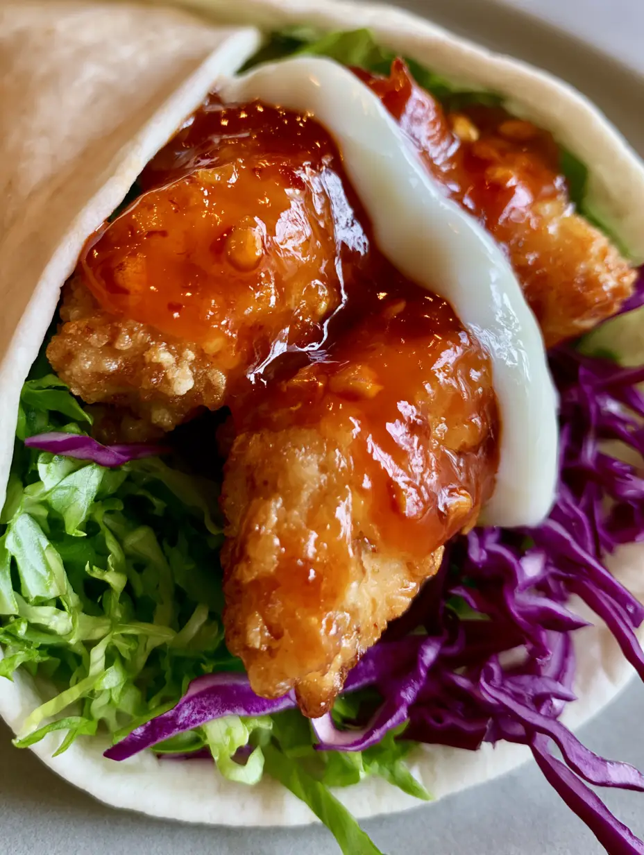 A close-up of Sweet Chili Chicken Wraps with visible chili seeds in the sauce and creamy white drizzle.