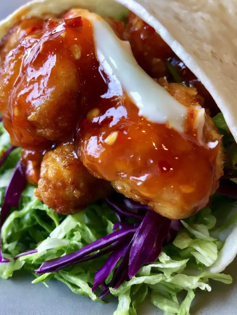 Side view of a Sweet Chili Chicken Wrap stuffed with shredded red cabbage and green lettuce.