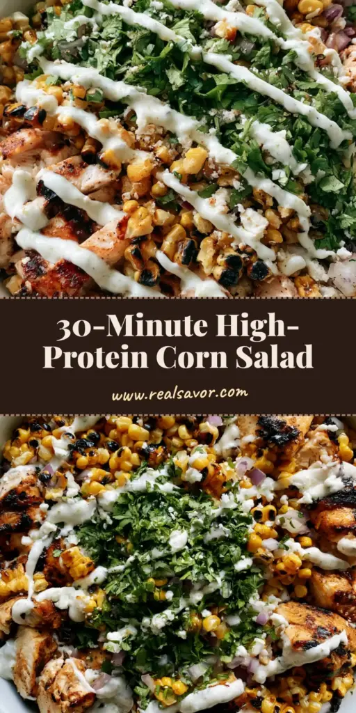 A top-down kitchen photo of a Chicken Street Corn Salad in a white bowl with seared chicken, charred corn, and cilantro.