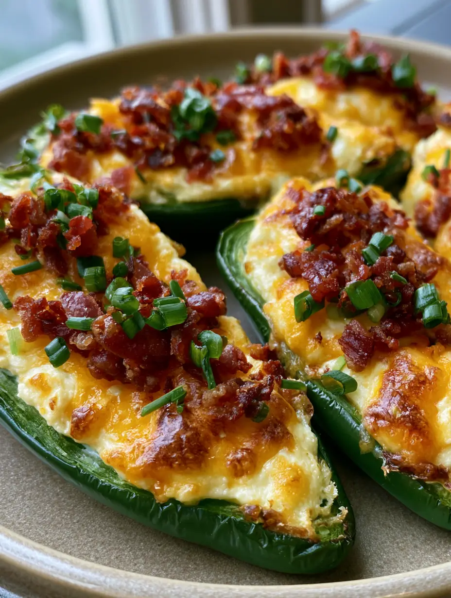 Smartphone photo of halved green Creamy Jalapeño Poppers filled with melted cheese and topped with reddish-brown bacon.
