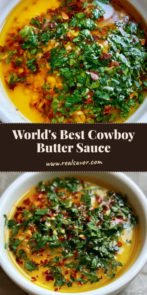 A top-down view of Cowboy Butter in a white ramekin with red pepper flakes and parsley on a stone surface.