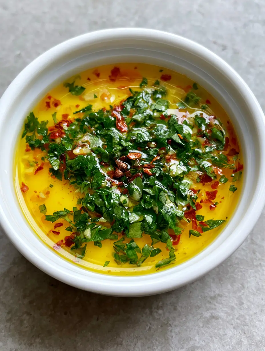 Close-up of warm melted golden-yellow Cowboy Butter garnished with garlic and parsley. (Cowboy Butter)