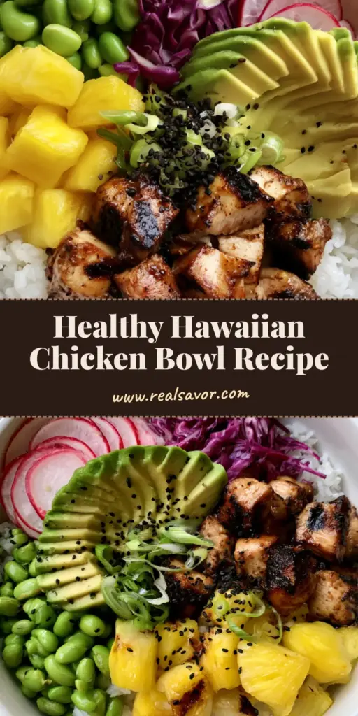 A top-down view of a vibrant Hawaiian Chicken Bowl featuring seared chicken, pineapple, edamame, and fanned avocado in a white ceramic bowl.