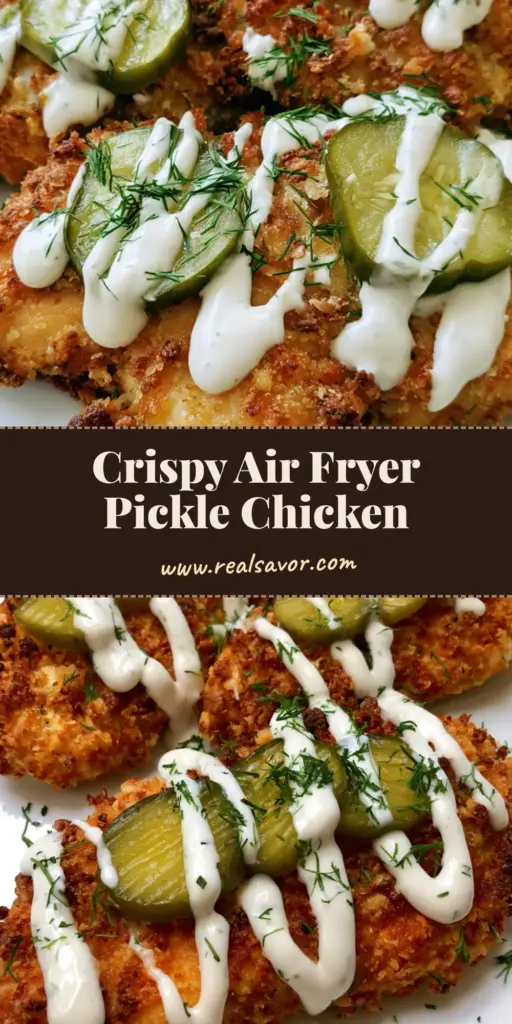 A stack of golden brown Air Fryer Dill Pickle Chicken fillets topped with round pickle slices and a thick white ranch drizzle on a white plate.