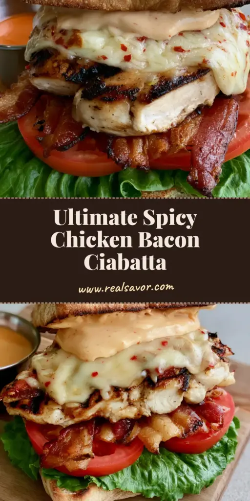 A towering Grilled Chicken Bacon Ciabatta sandwich with melted pepper jack and visible grill marks on a wooden board.