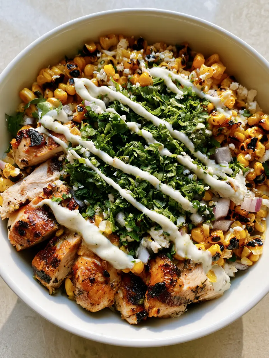 Close-up of a white ceramic bowl filled with Chicken Street Corn Salad showing golden-brown chicken and blistered corn. (Chicken Street Corn Salad)