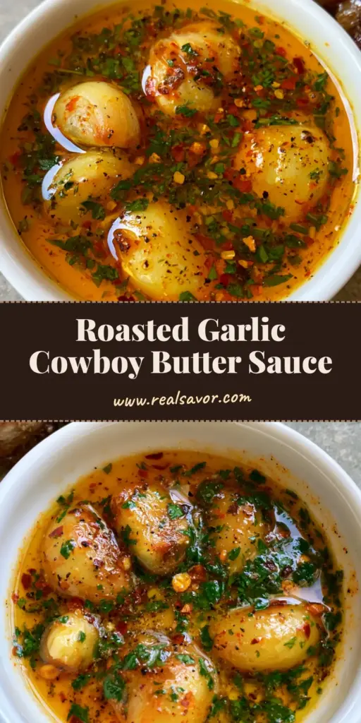 A close-up vertical shot of a ceramic bowl filled with Roasted Garlic Cowboy Butter next to a sliced medium-rare ribeye steak.