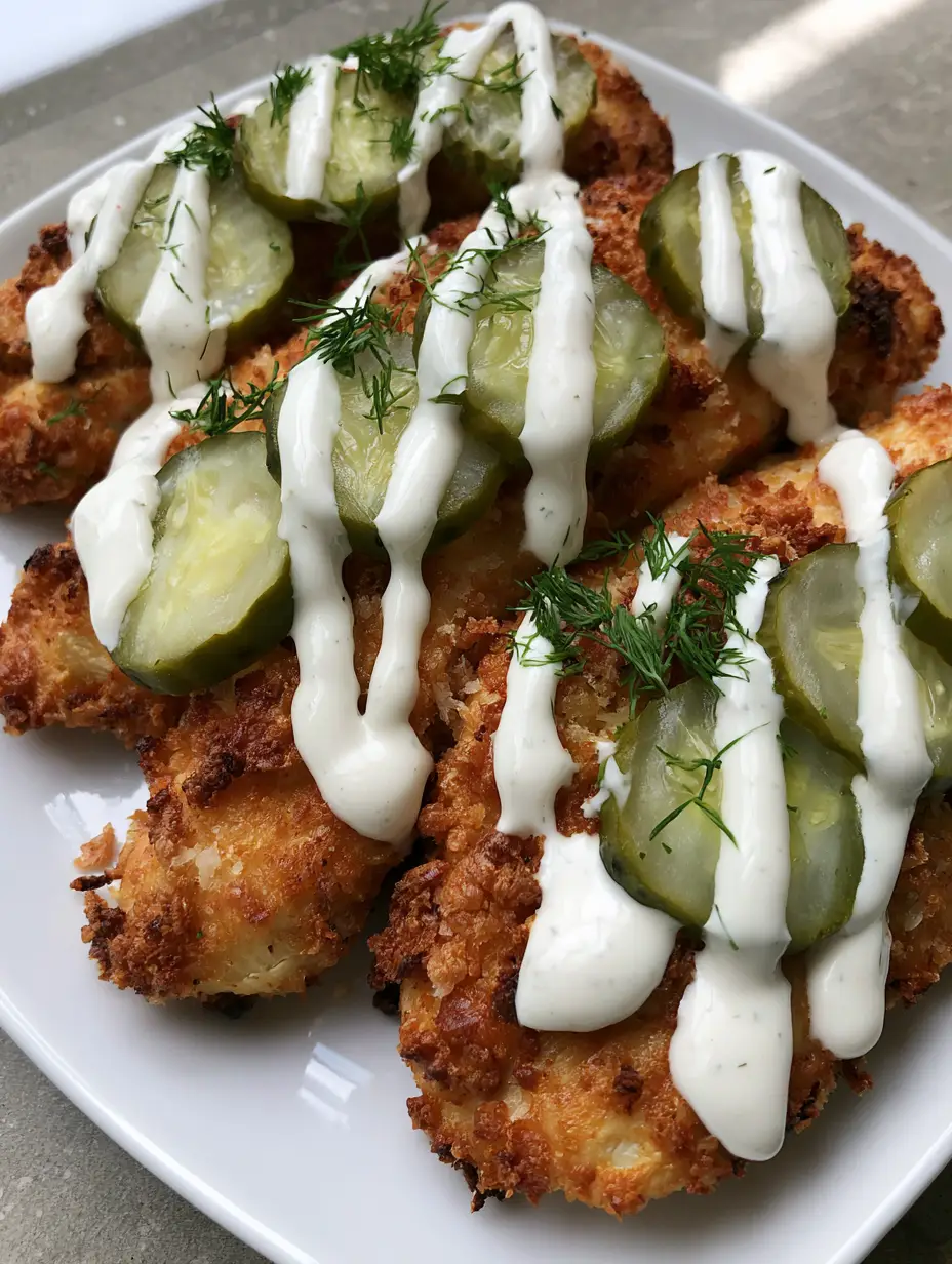 A handheld smartphone photo showing the crispy parmesan breadcrumb coating of the Air Fryer Dill Pickle Chicken with visible fresh dill.
