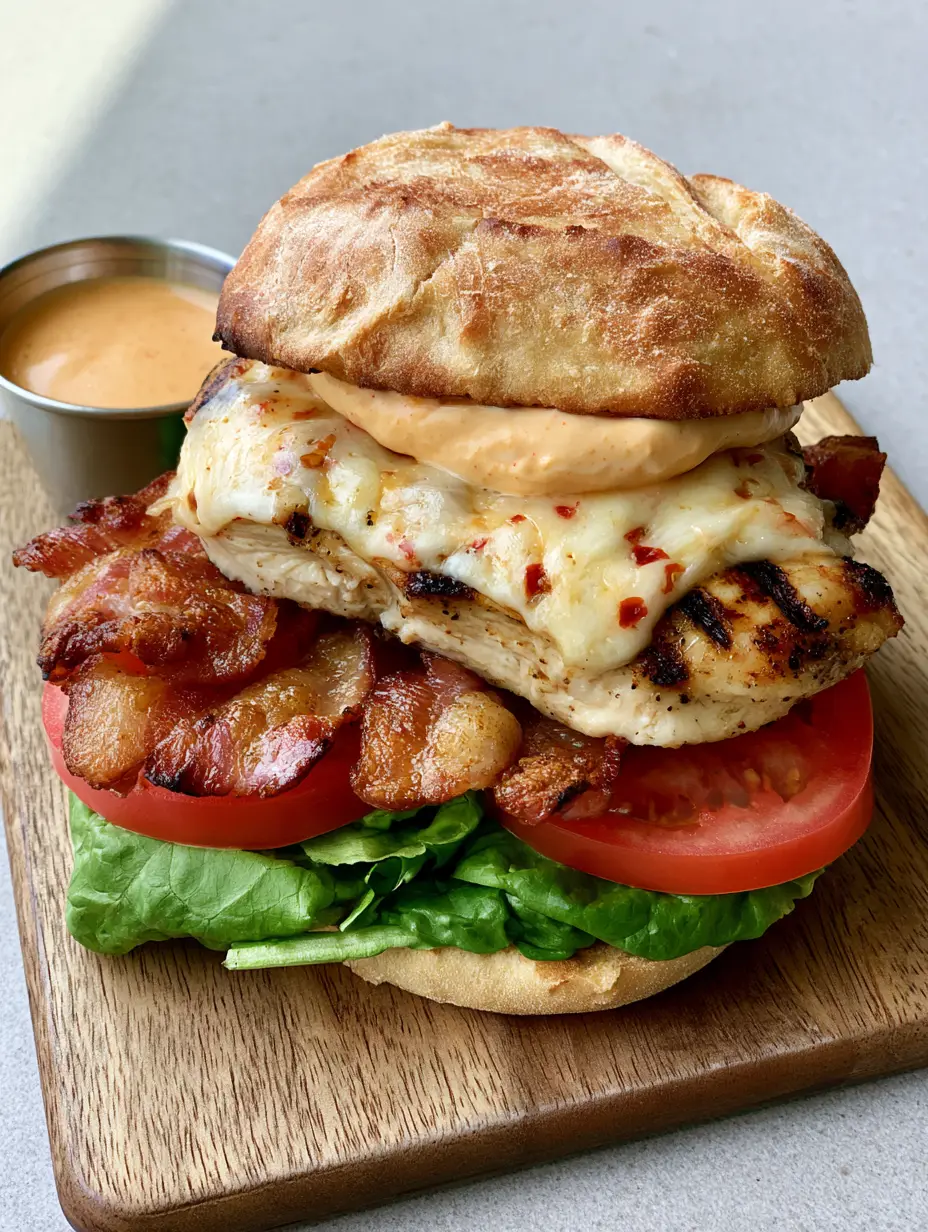 Close-up of a Grilled Chicken Bacon Ciabatta showing the layers of crispy bacon and melted cheese.
