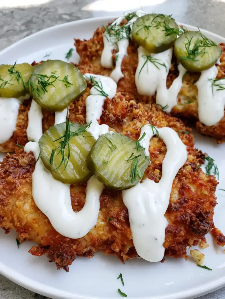 Close up shot of Air Fryer Dill Pickle Chicken on a grey stone countertop featuring thick ranch dressing and sliced pickles.
