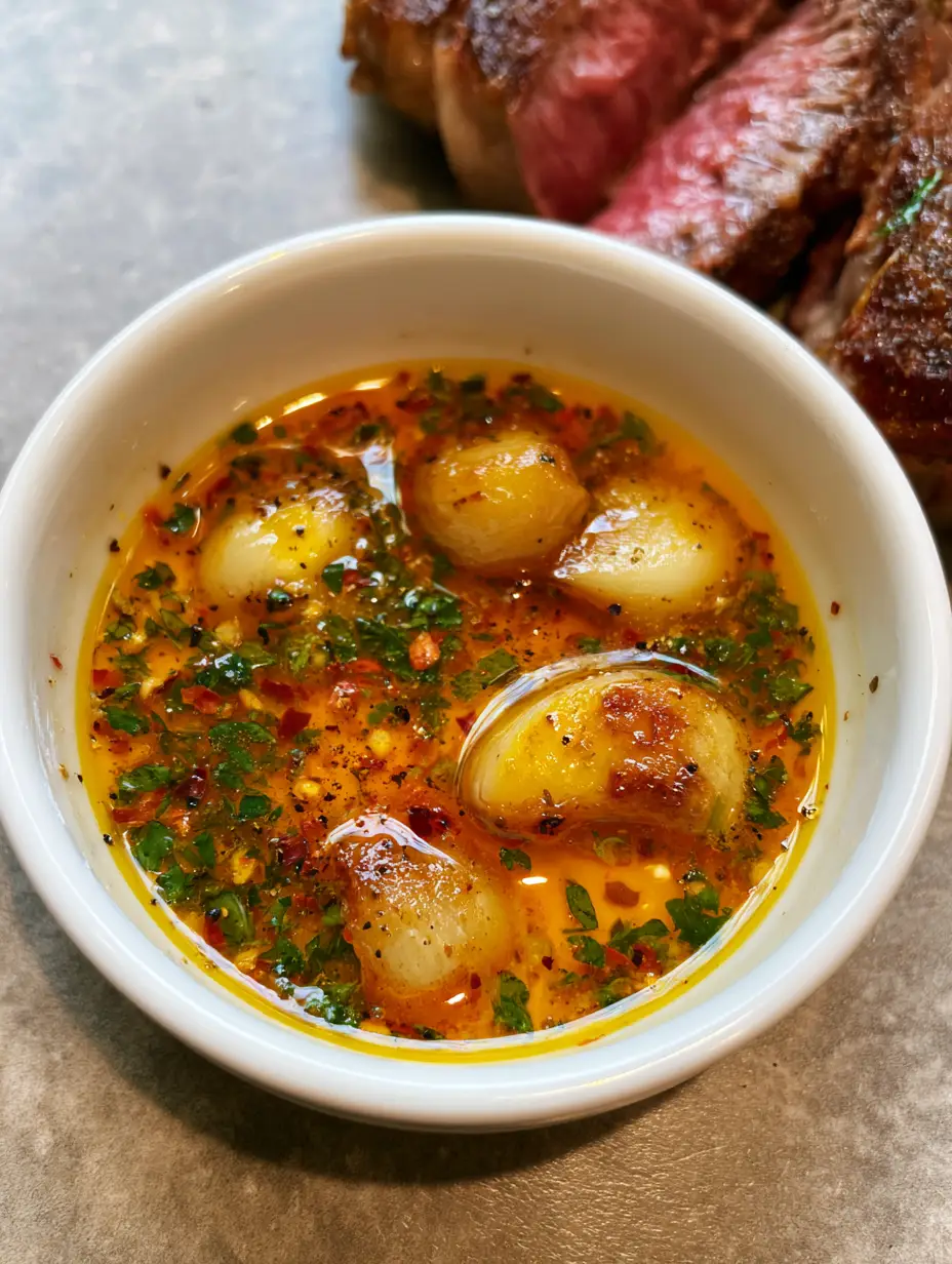 Smartphone photo of melted golden Roasted Garlic Cowboy Butter with green parsley and red chili flakes on a grey countertop.