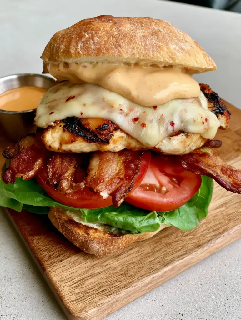 Grilled Chicken Bacon Ciabatta served with a side ramekin of chipotle mayo on a rustic square board.