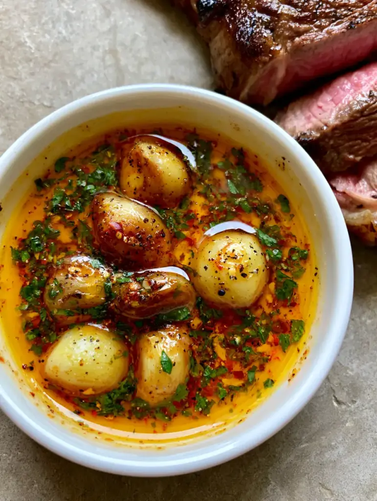 Slices of seared ribeye steak with a pink center next to a bowl of Roasted Garlic Cowboy Butter with whole garlic cloves.