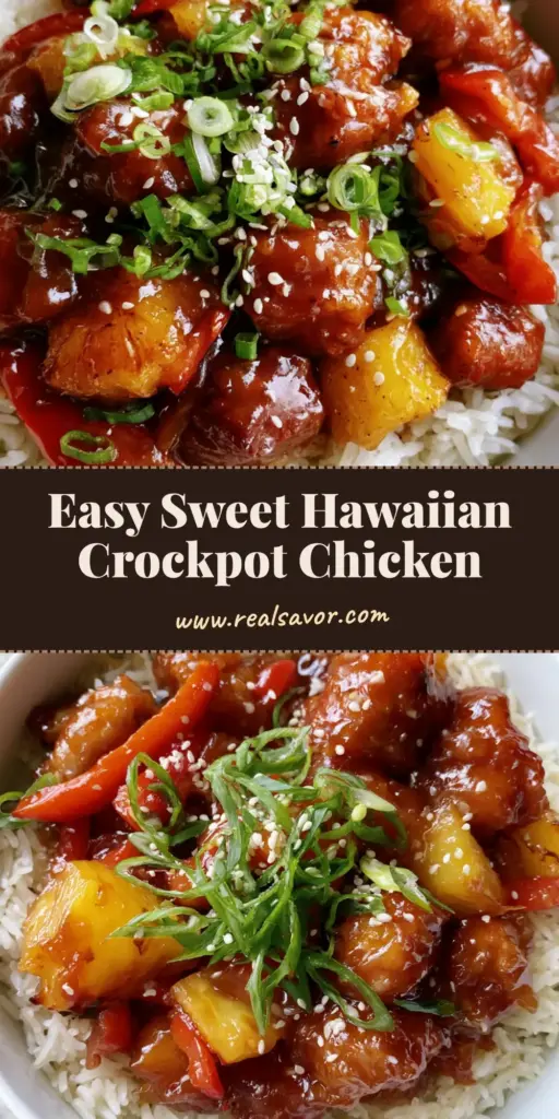 A white bowl of Sweet Hawaiian Crockpot Chicken over white rice, garnished with green scallions and white sesame seeds on a gray background.