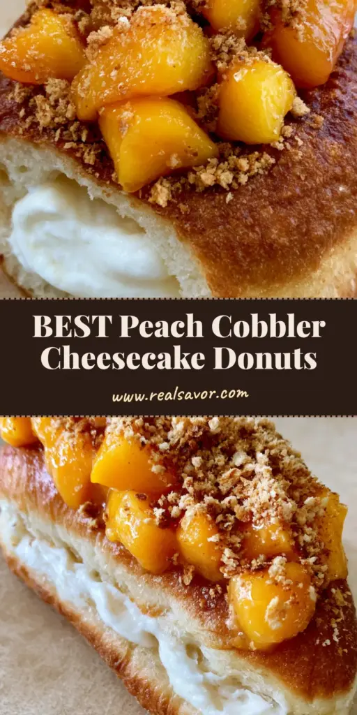 A handheld smartphone photo of a golden-brown fried Peach Cobbler Cheesecake Donut sliced horizontally and filled with white cream cheese frosting and glazed peaches.