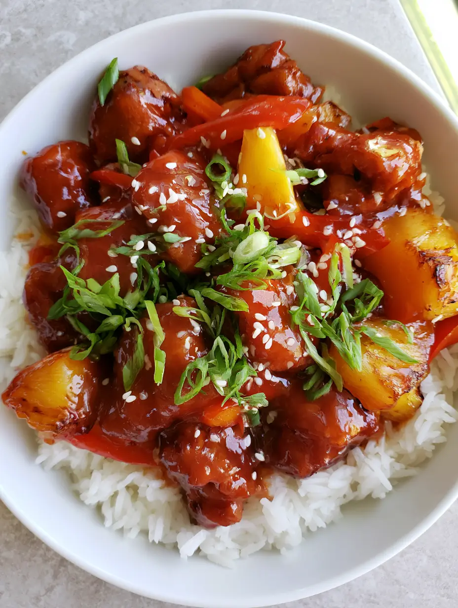 Top-down view of glossy Sweet Hawaiian Crockpot Chicken with red peppers and pineapple tidbits over fluffy rice.