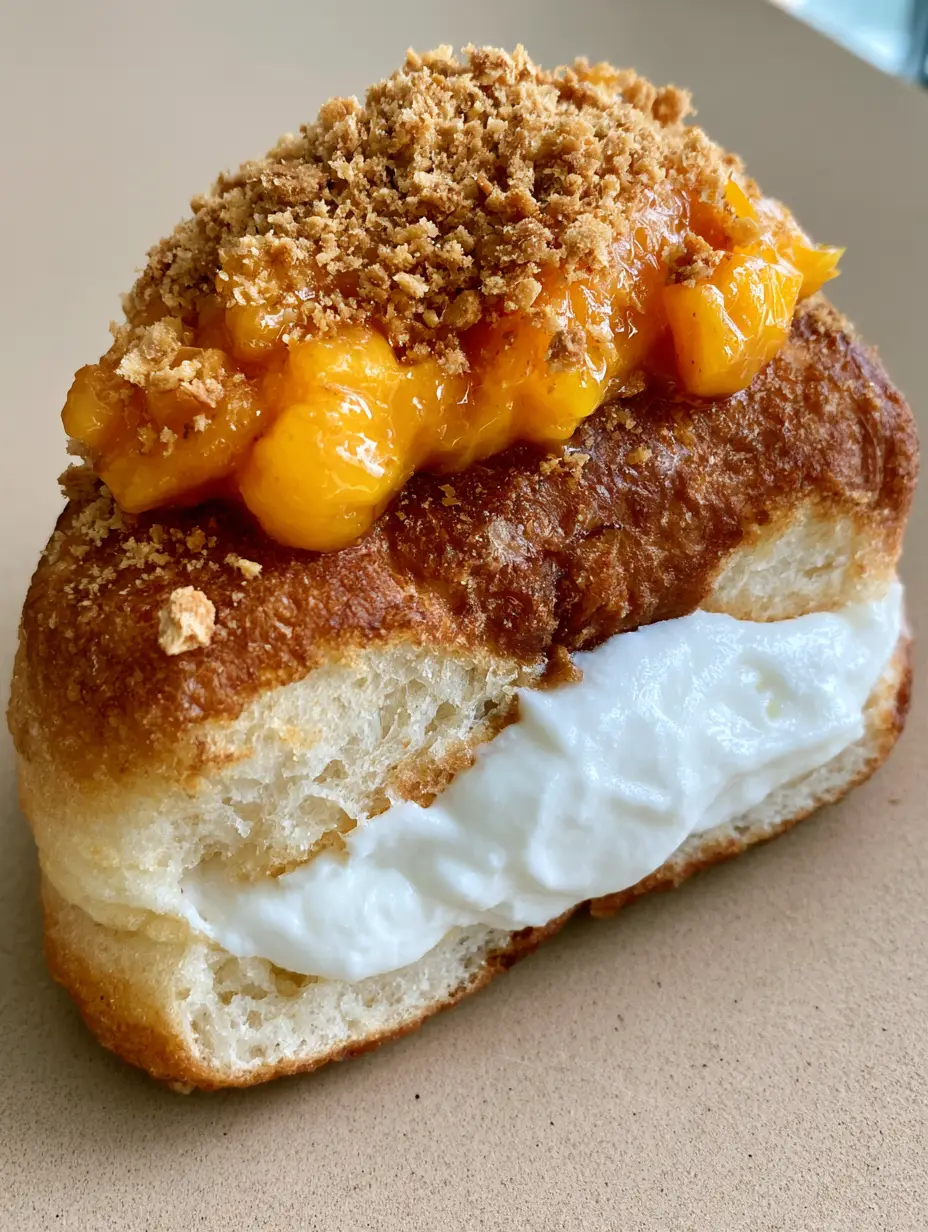 Close up of Peach Cobbler Cheesecake Donuts showing the airy interior and thick white cream cheese filling.