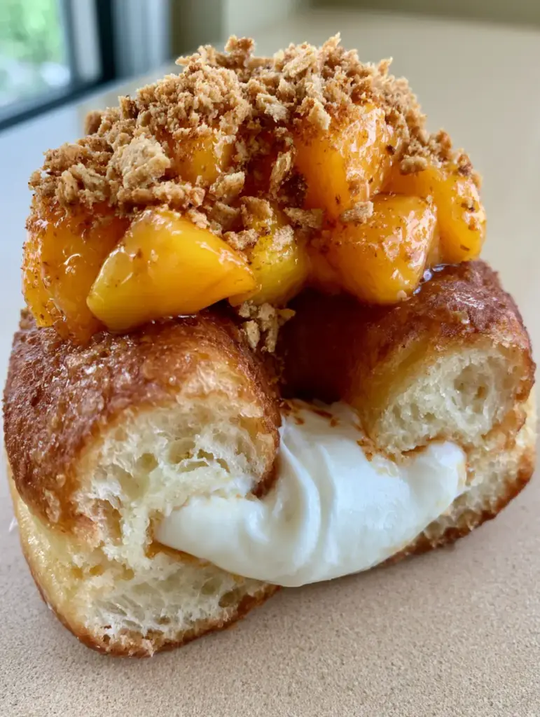 Top view of Peach Cobbler Cheesecake Donuts with vibrant orange glazed peaches and toasted graham cracker crumbs.