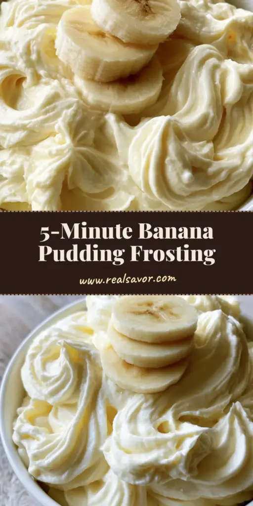 A Pinterest pin showing thick, whipped banana pudding frosting in a white bowl with fresh banana slices on top. (Banana Pudding Frosting)