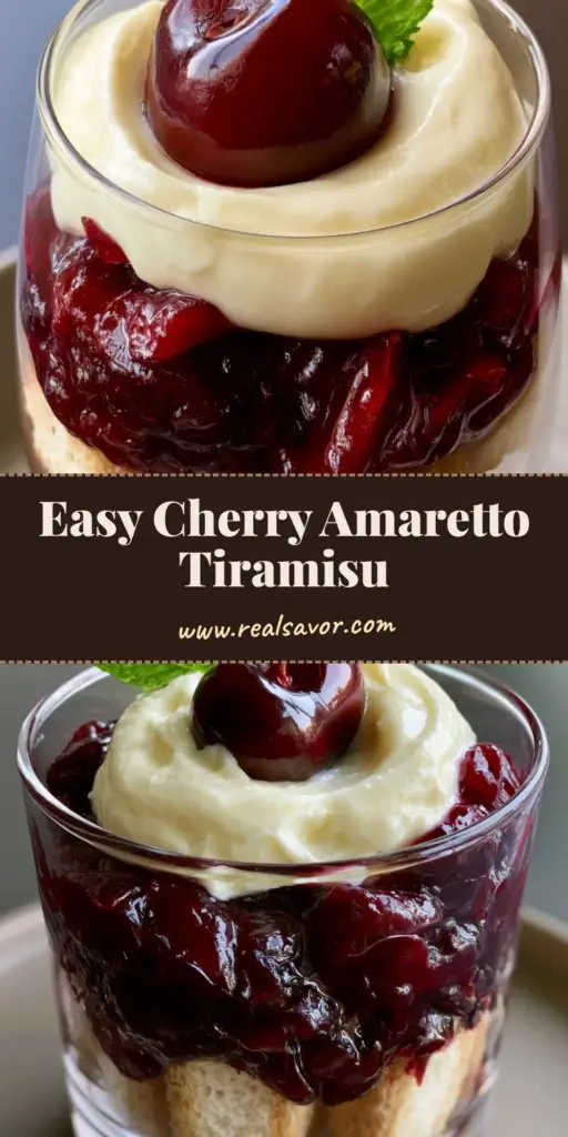 A vertical layered glass of Cherry Amaretto Tiramisu showing espresso ladyfingers, red cherry compote, and ivory mascarpone cream.