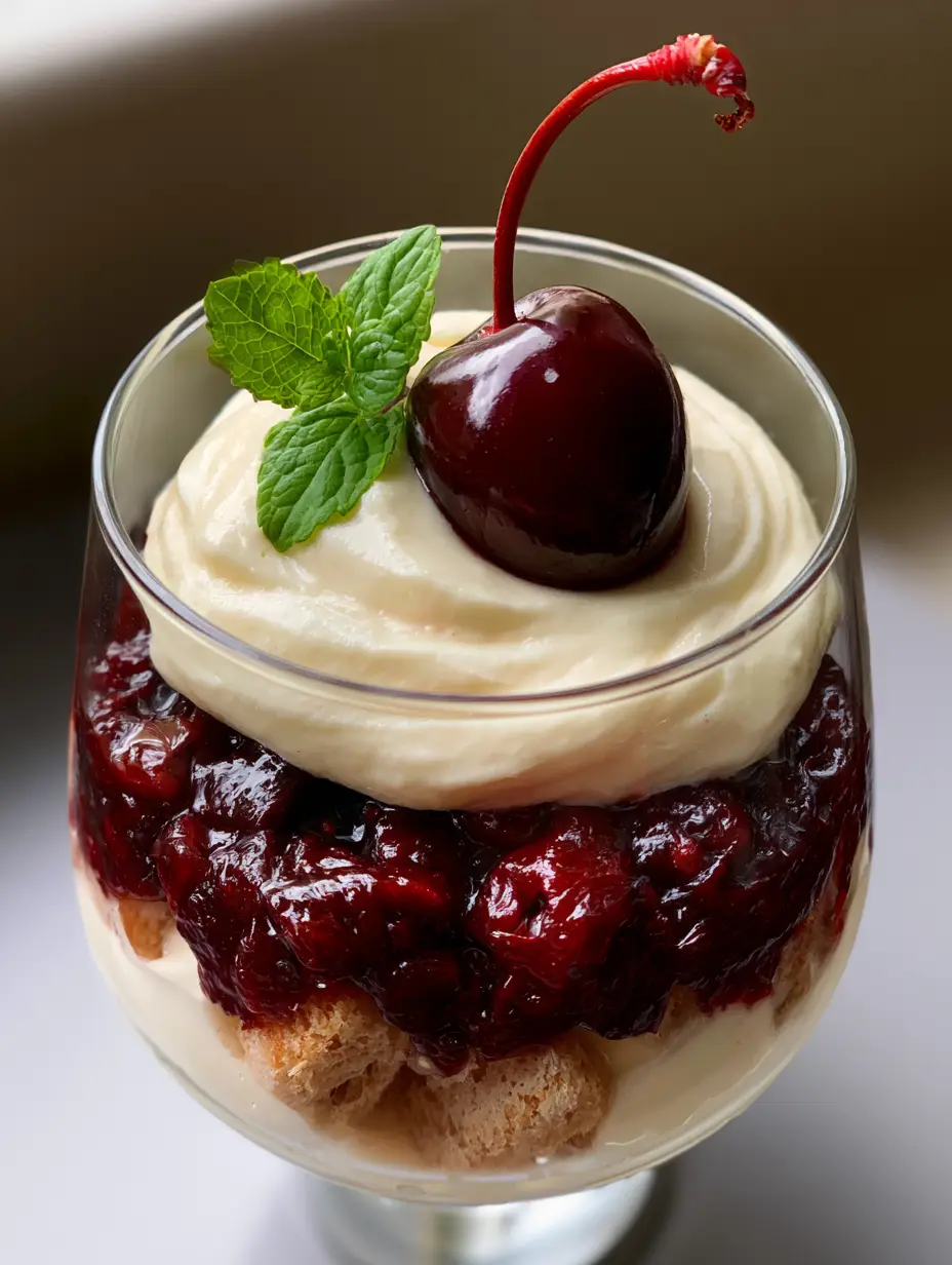 Eye-level view of Cherry Amaretto Tiramisu glass with visible fruit pieces in the compote layer and a smooth cream top. (Cherry Amaretto Tiramisu)