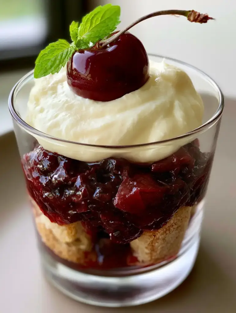 Close up of a smooth pale ivory mascarpone cream dollop topped with a single dark red stemmed cherry and mint sprig.