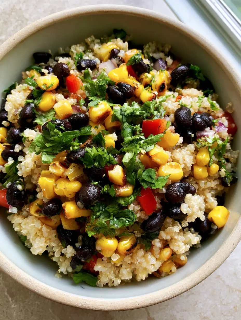 Close-up of fluffy white quinoa mixed with charred corn kernels and matte black beans in a rustic bowl. (Sweet Corn and Black Bean Quinoa Salad)