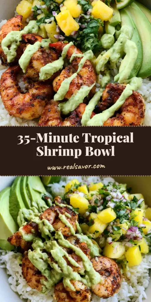 A handheld photo of a Shrimp Pineapple Rice Bowl with seared shrimp, pineapple salsa, avocado slices, and crema drizzle in a white bowl. (Shrimp Pineapple Rice Bowl)