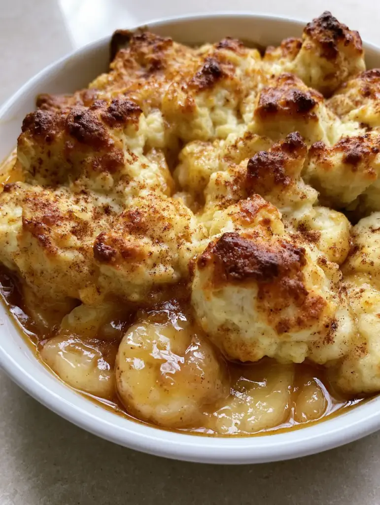 Close-up of translucent banana slices submerged in thick amber cinnamon syrup in a Southern Banana Cobbler.