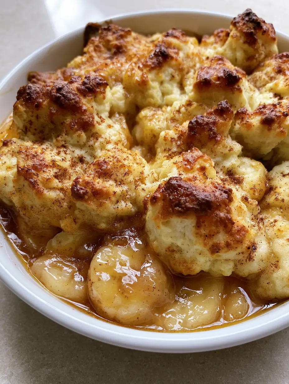 Close-up of translucent banana slices submerged in thick amber cinnamon syrup in a Southern Banana Cobbler.