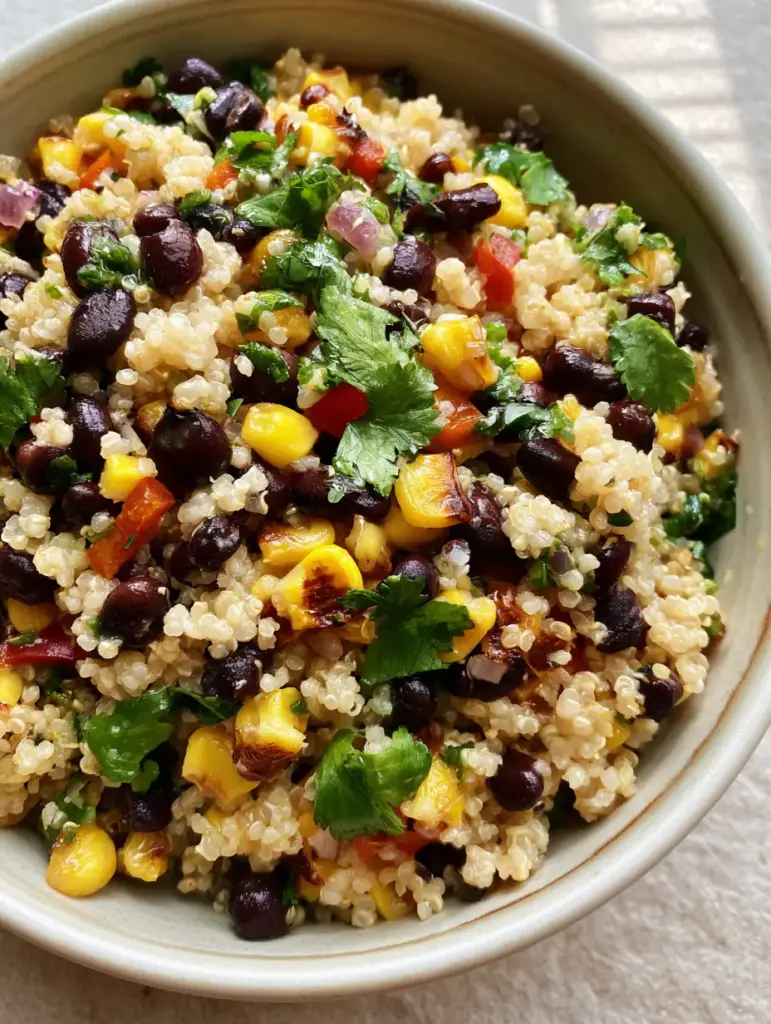 Top-down view of Sweet Corn and Black Bean Quinoa Salad showing the glistening lime dressing and diced red bell peppers.