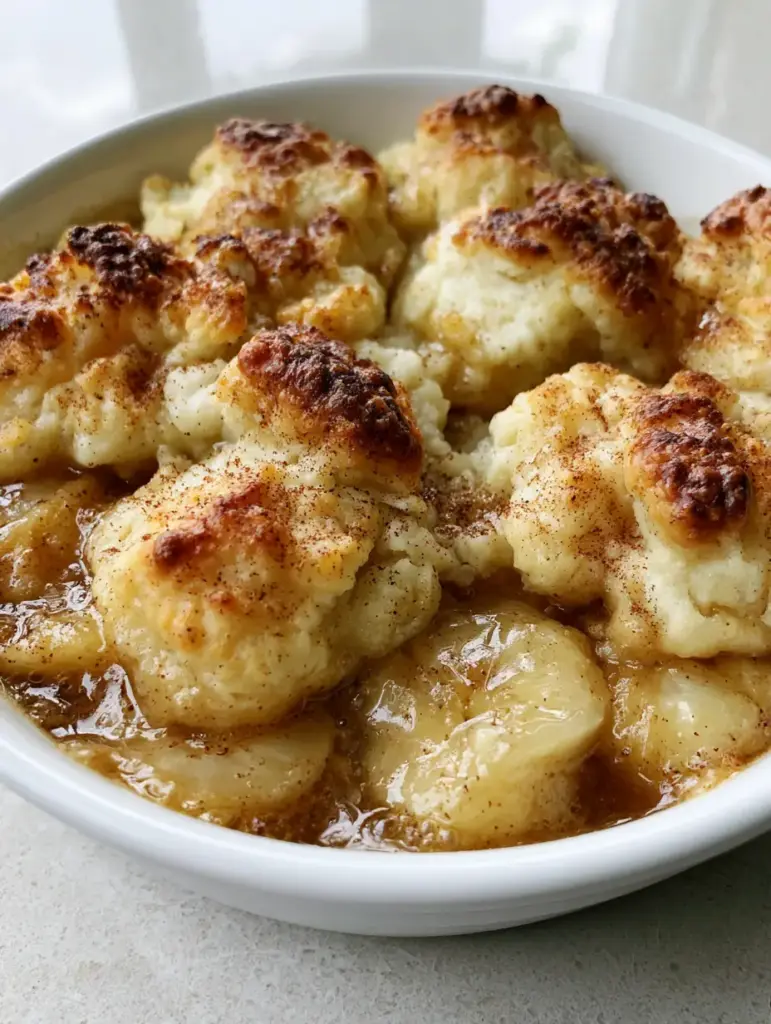 Rustic golden-brown buttery biscuit crust with toasted peaks and fine cinnamon specks on a Southern Banana Cobbler.